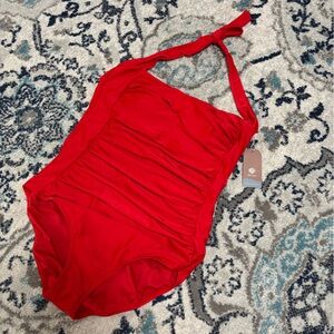 NWT Red Halter Top Swimsuit With Ruched Front